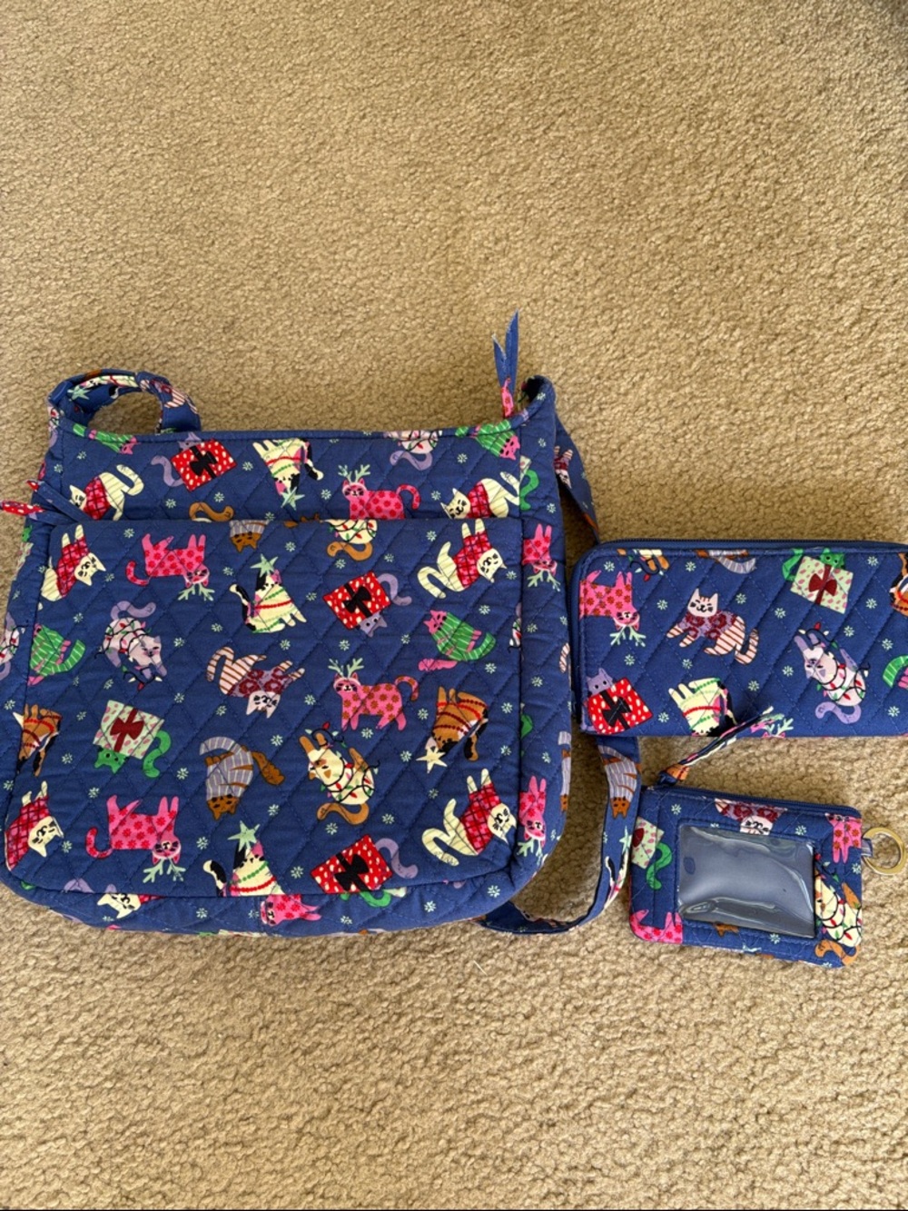 Vera Bradley Blue Quilted Crossbody Bag with Cat Print set